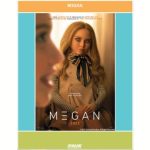 is this good alt tex: Movie poster of a humanlike robot M3GAN staring with bright blue eyes at a girl.