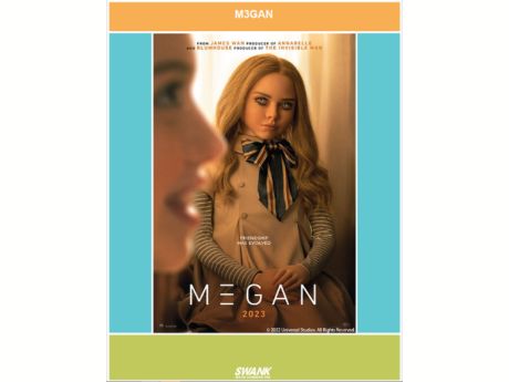 is this good alt tex: Movie poster of a humanlike robot M3GAN staring with bright blue eyes at a girl.