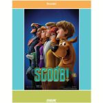 Poster of Blue Falcon, Dynomutt, Dee Dee Skyes, Daphne, Fred, Velma, and Shaggy lined up while Scooby-Doo is looking directly at the camera with a blue background.