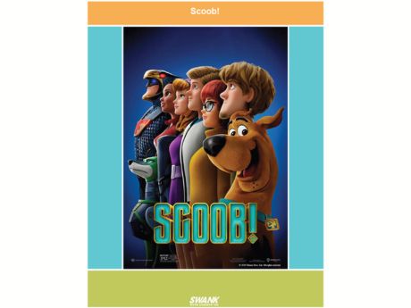 Poster of Blue Falcon, Dynomutt, Dee Dee Skyes, Daphne, Fred, Velma, and Shaggy lined up while Scooby-Doo is looking directly at the camera with a blue background.