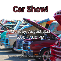 Flyer for the Pahoa Car Show. Classic cars are in the background.