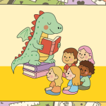 Dragon reading to children at storytime