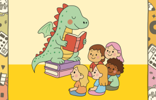 Dragon reading to children at storytime