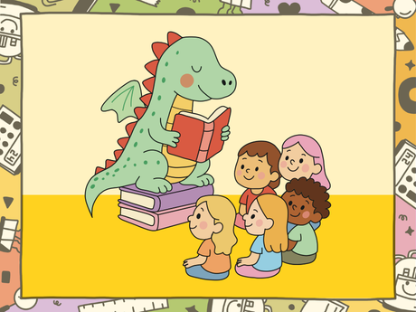 Dragon reading to children at storytime
