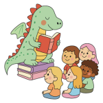 Drawing of dragon reading to children