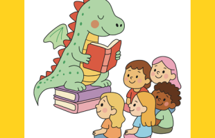 Drawing of dragon reading to children