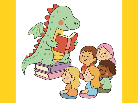 Drawing of dragon reading to children
