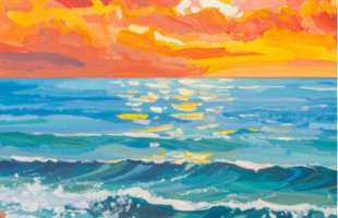 A colorful painting of the ocean with a tan beach in the foreground, a blue ocean in midground, and an orange sky in the distance.
