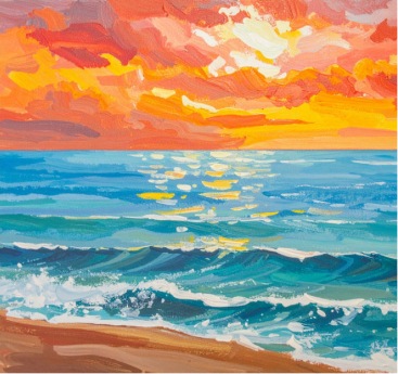 A colorful painting of the ocean with a tan beach in the foreground, a blue ocean in midground, and an orange sky in the distance.