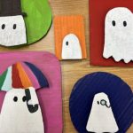 Five portraits varying in shapes and sizes are painted with solid background colors of green, blue, pink, red and orange. A white blob ghost is in each portrait, a few are wearing accessories such as a top hat, monocle, and umbrella.