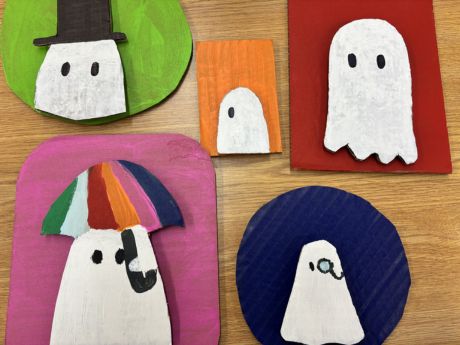 Five portraits varying in shapes and sizes are painted with solid background colors of green, blue, pink, red and orange. A white blob ghost is in each portrait, a few are wearing accessories such as a top hat, monocle, and umbrella.