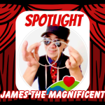Magician with red curtain stage behind them