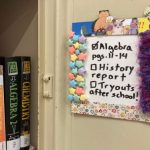 Image shows a mini whiteboard stuck to a school locker with magnets. Schoolbooks and other supplies are shown in the background.