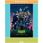Beetlejuice, Delia, Astrid, and Lydia sits on top of a house wrapped by a sand snake with other characters such as the shrunken head and Delores LaFerve are standing in the cemetery.