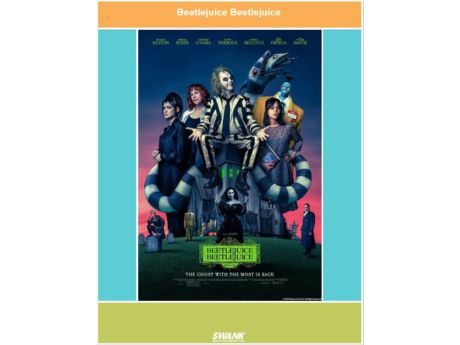 Beetlejuice, Delia, Astrid, and Lydia sits on top of a house wrapped by a sand snake with other characters such as the shrunken head and Delores LaFerve are standing in the cemetery.