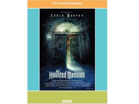 Movie poster of 2003's version of Haunted Mansion. Poster shows a mansion door covered in cobwebs being slightly ajar.