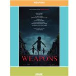 Movie poster of Weapons from 2025. Poster shows children running with their backs faced towards the audience down rows of homes.