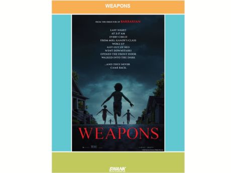 Movie poster of Weapons from 2025. Poster shows children running with their backs faced towards the audience down rows of homes.
