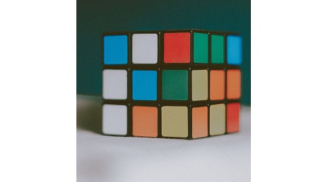 A Rubik's cube scrambled with various colors