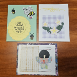 3 handmade cards: bee with flower, plumeria, girl in kimono