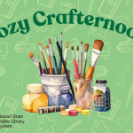 art supplies on a green background with the text "cozy crafternoon"