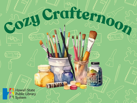 art supplies on a green background with the text "cozy crafternoon"