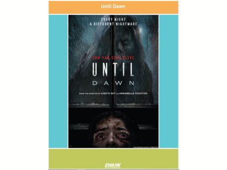 Movie poster for Until Dawn shows an old lady with white eyes staring into a window while a bloodshot-eyed character hides beneath the sill.