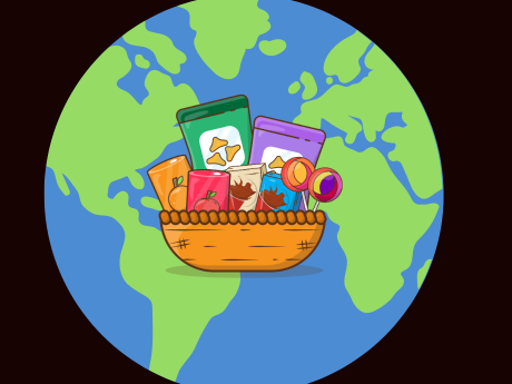 globe with basket of snacks overlayed