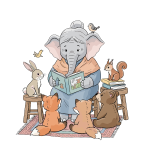 Mother elephant reading to forest animals