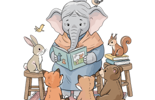 Mother elephant reading to forest animals