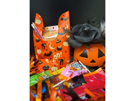 Goodie bag decorated with cats, bats, pumpkins, and “BOO!” lettering, surrounded by assorted candy and next to a jack-o'-lantern container filled with black roses.