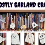 Texts at the top reads "ghostly garland craft". Images showing ghosts, witch hats, and pumpkins cut out from book pages.