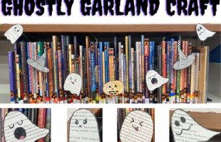 Texts at the top reads "ghostly garland craft". Images showing ghosts, witch hats, and pumpkins cut out from book pages.