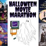 Image showing two ghosts watching TV. Movie posters for Hotel Transylvania, Halloweentown, Tim Burton's The Nightmare Before Christmas, and The Addams Family are displayed on either side. Text reads "Halloween Movie Marathon"