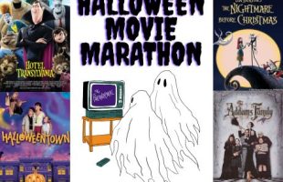 Image showing two ghosts watching TV. Movie posters for Hotel Transylvania, Halloweentown, Tim Burton's The Nightmare Before Christmas, and The Addams Family are displayed on either side. Text reads "Halloween Movie Marathon"