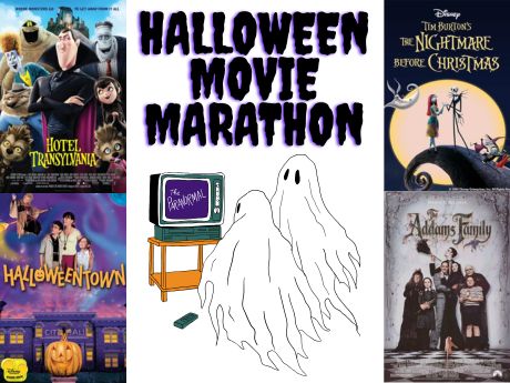 Image showing two ghosts watching TV. Movie posters for Hotel Transylvania, Halloweentown, Tim Burton's The Nightmare Before Christmas, and The Addams Family are displayed on either side. Text reads "Halloween Movie Marathon"