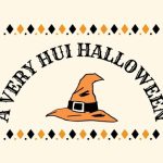 Vintage Halloween greeting card with an orange witch’s hat and black band, framed by orange-and-black diamonds. Curved text reads “A Very Huit Halloween,” creating a playful, festive tone.
