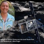 A headshot of Jesse Tarnas next to an artist's concept of Oasis-1 flying over the lunar South Pole. Credit - J.D. Tarnas et al. / Blue Origin