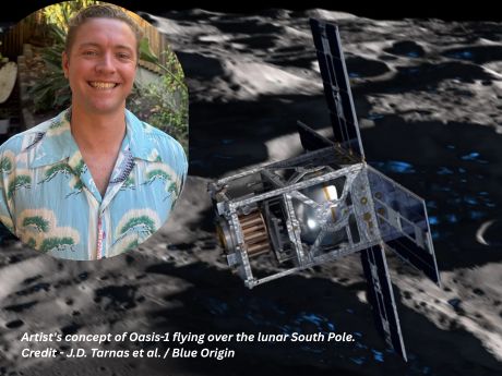A headshot of Jesse Tarnas next to an artist's concept of Oasis-1 flying over the lunar South Pole. Credit - J.D. Tarnas et al. / Blue Origin