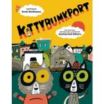 Children’s book cover showing two expressive cat characters in a colorful town, with bold “Kittybunkport” title and playful, cheerful artwork.