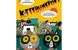Children’s book cover showing two expressive cat characters in a colorful town, with bold “Kittybunkport” title and playful, cheerful artwork.