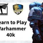 Image displaying the axe-shaped Warhammer logo, the Warhammer Alliance Logo, and a man in a mech suit. Text reads "Learn to Play Warhammer 40k"