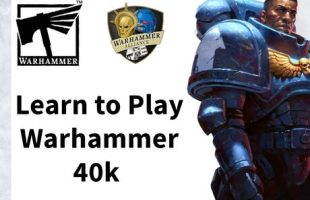Image displaying the axe-shaped Warhammer logo, the Warhammer Alliance Logo, and a man in a mech suit. Text reads "Learn to Play Warhammer 40k"