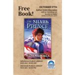 Promotional flyer announces a free book giveaway and author event featuring Malia Maunakea’s “Shark Prince” on October 17th, with books available to keiki while supplies last. Poster shows illustrated blue-toned cover, “Free Book!” headline, Nānākuli Public Library 9:00–10:30 AM, Waiʻanae Public Library 11:00 AM–12:30 PM, and Hawaiʻi Literacy logo.