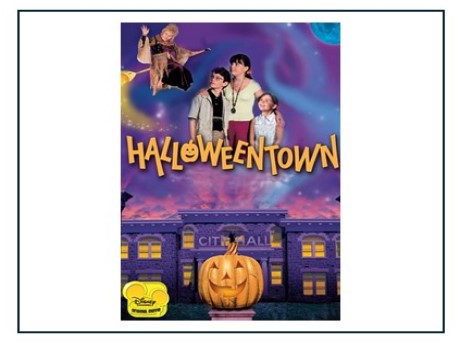 three characters in center, woman in top left. Halloweentown in text above a building
