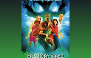 Movie poster for Scooby Doo (2002) featuring two women, two men, and a dog looking frightened.