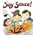 Illustration of three smiling children enjoying a colorful noodle bowl with vegetables, shrimp, and soy sauce, creating a playful scene.