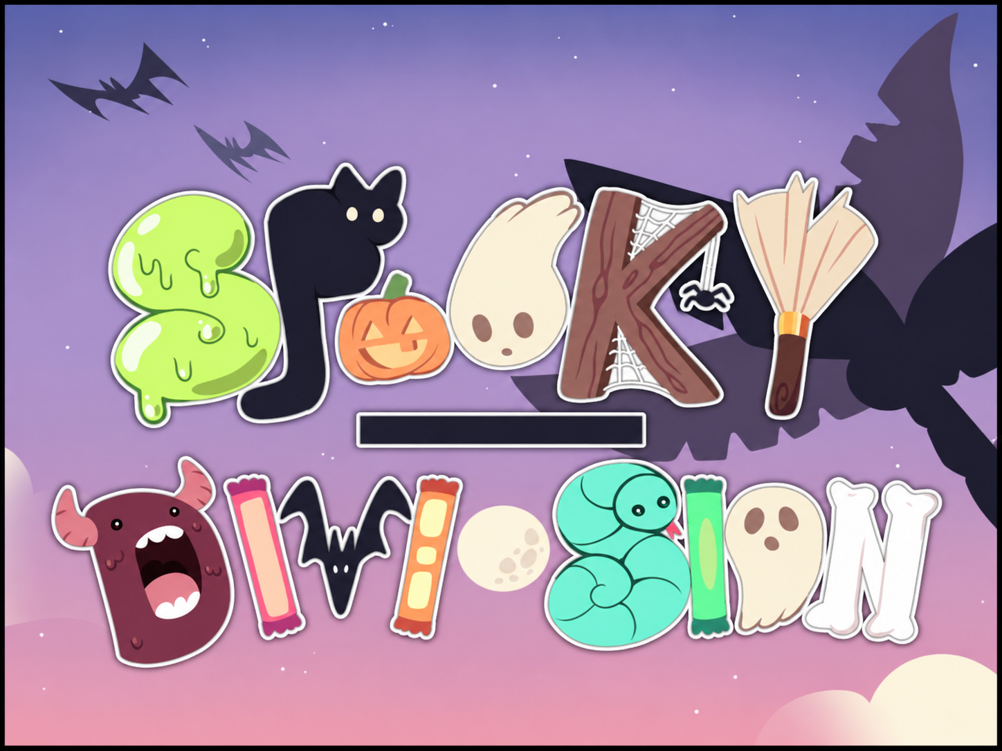 Spooky Division title graphic with Halloween-themed letters, including slime, a black cat, jack-o’-lantern, ghost, spiderweb, broom, monster, bat, snake, ghost, and bones, on a purple and pink spooky sky background