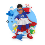 Cartoon child superhero in a blue and white costume with a red cape and red high-top boots, surrounded by colorful geometric-style characters