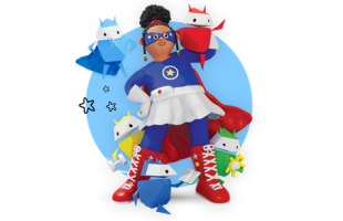 Cartoon child superhero in a blue and white costume with a red cape and red high-top boots, surrounded by colorful geometric-style characters